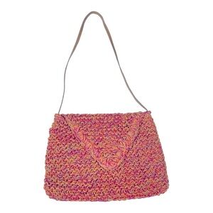 Paper Straw Colorful Crossbody bag, Pink, Orange, Tan. Snap button closure.